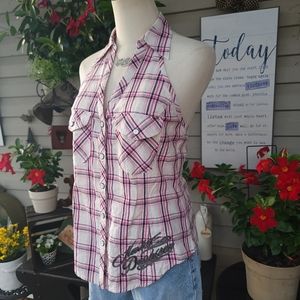 HARLEY-DAVIDSON ♡ Pink|Black 'n Silver Plaid Embroidered H-D Collar Halter Top S